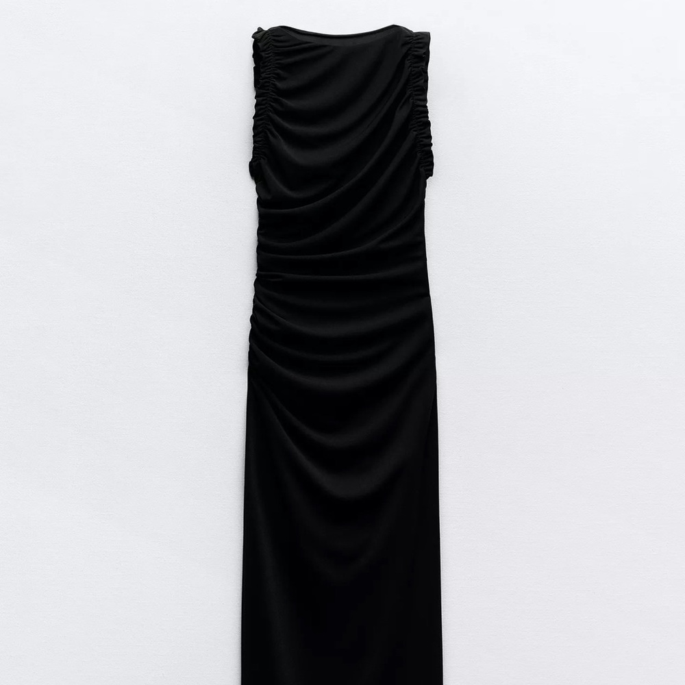 Zara Black Ruched Sheath Maxi Dress
